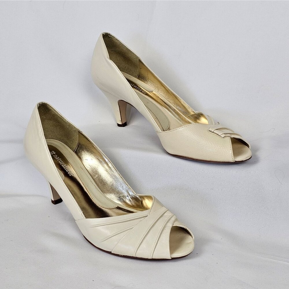 Womens 8.5M Cream Gold Open Toe Formal Business Casual Office 3" Pump Heel Shoe